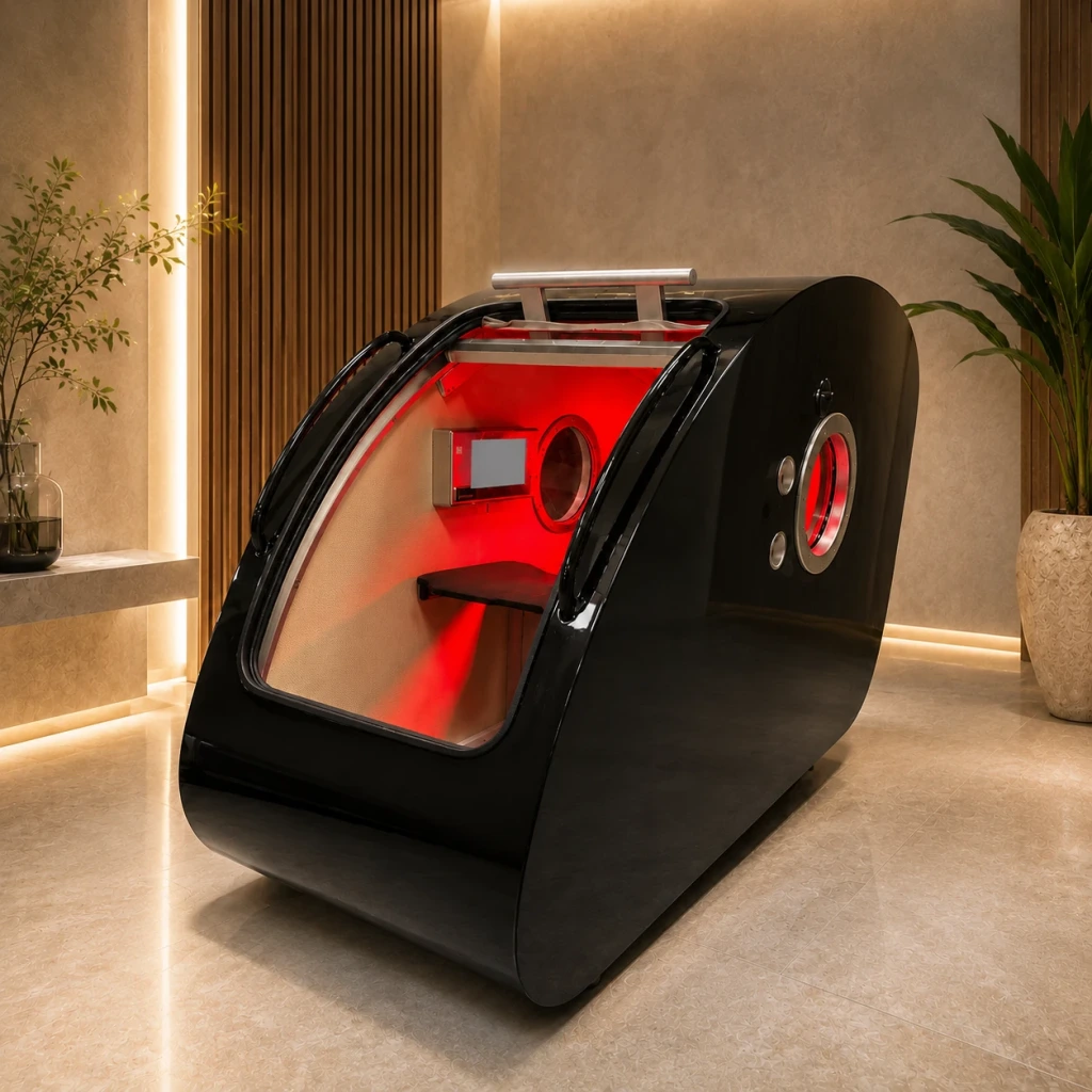 Black hyperbaric oxygen chamber in a luxury spa-style treatment room