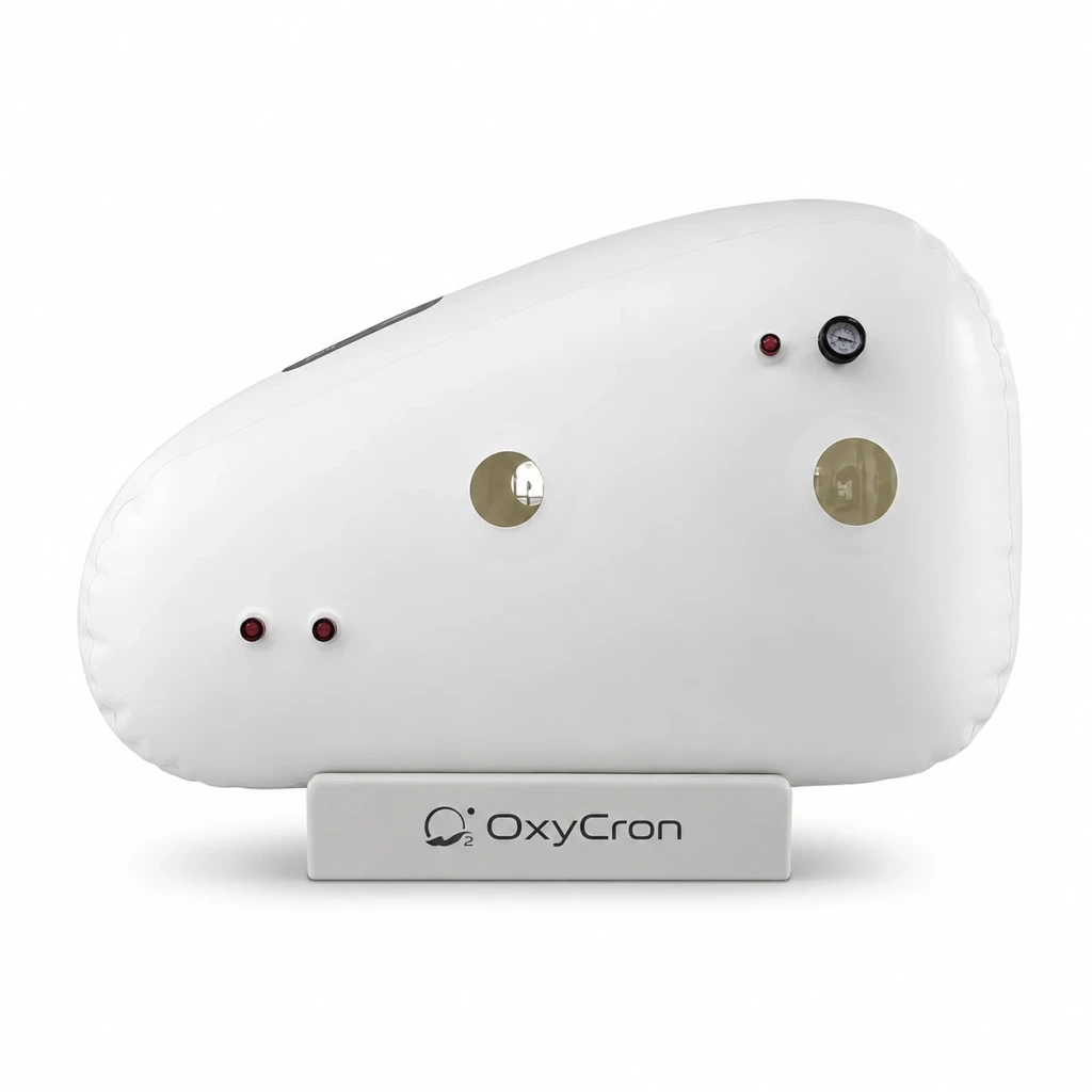 Oxycron white soft hyperbaric oxygen chamber side view with observation windows pressure gauge and branded base