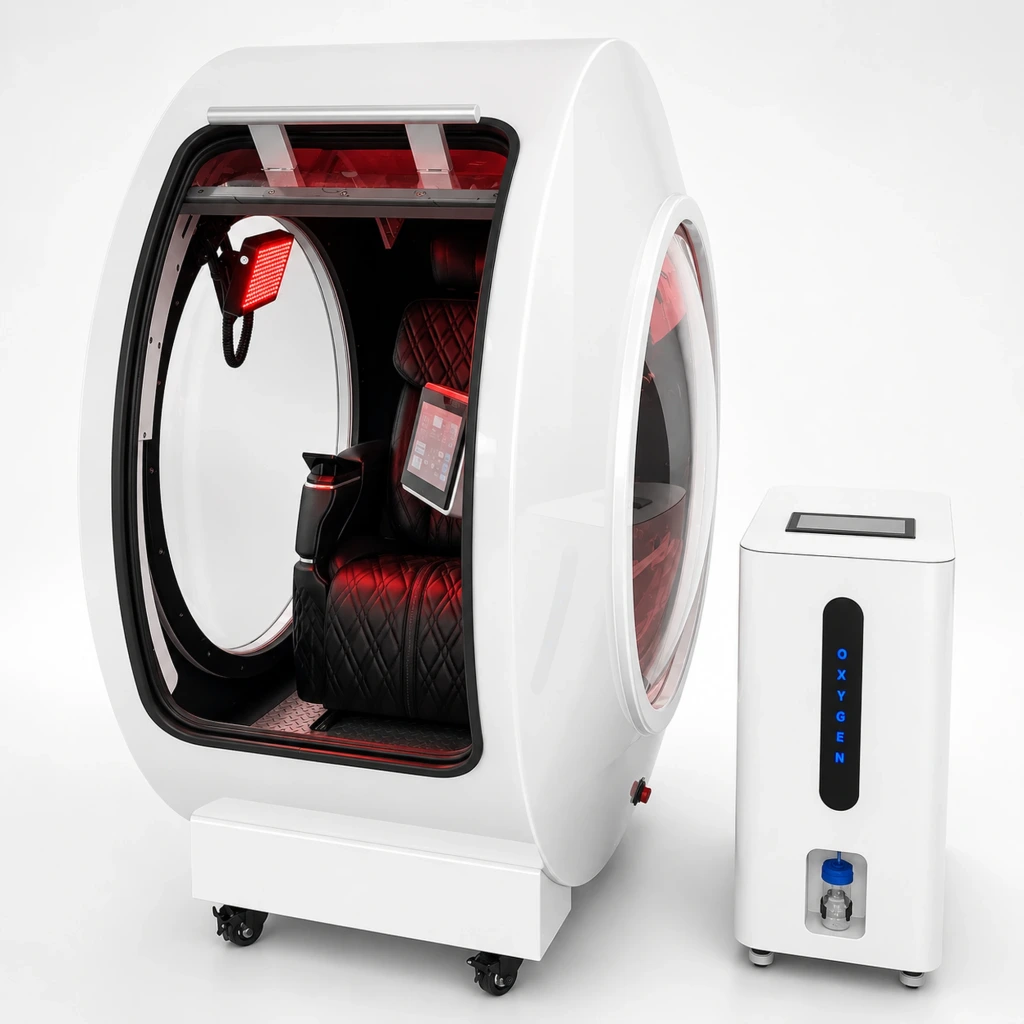 Oxycron white capsule hyperbaric oxygen chamber with separate oxygen unit and red light interior