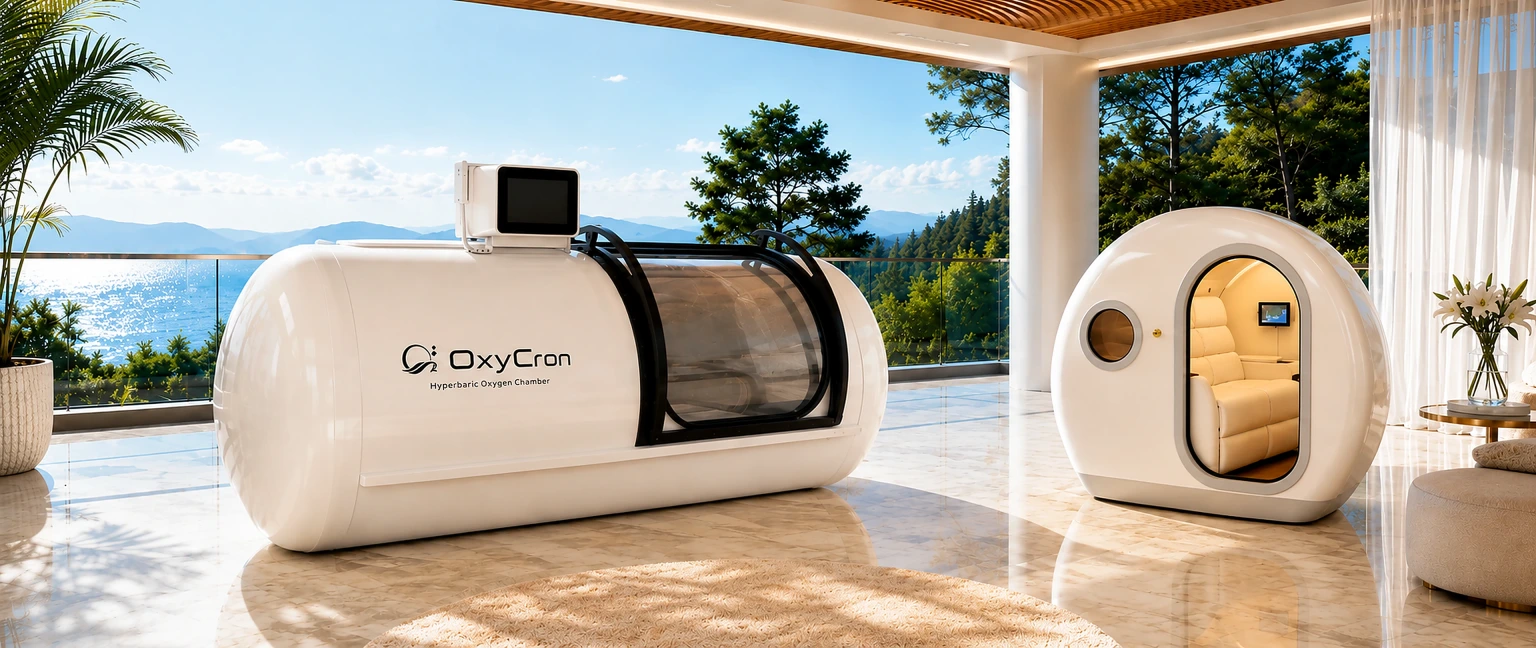 OxyCron premium hyperbaric oxygen chambers displayed in a luxury ocean view wellness room