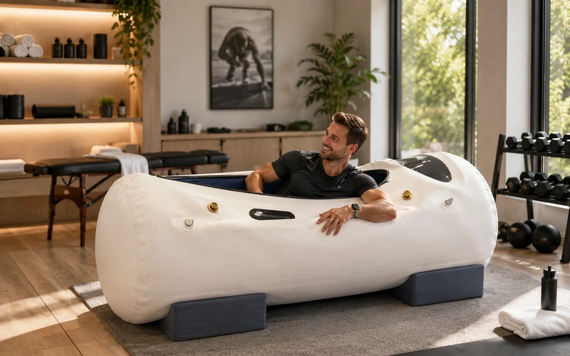 Soft hyperbaric oxygen chamber in a modern athlete recovery space with a relaxed post-training setting