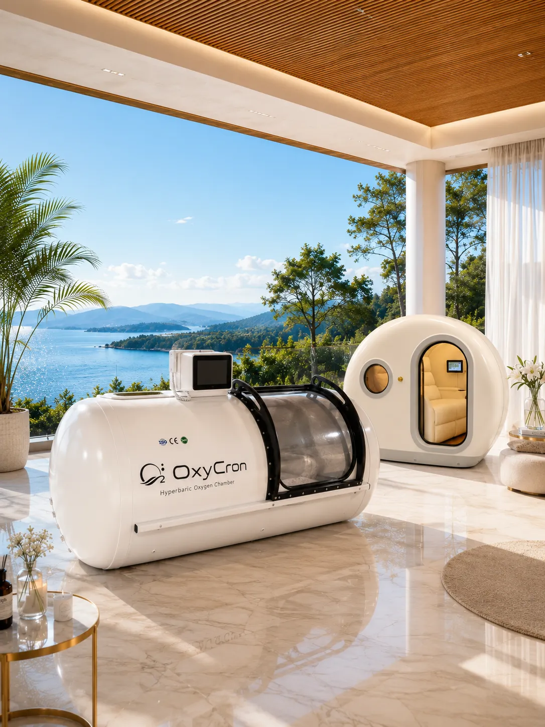 OxyCron premium hyperbaric oxygen chambers displayed in a luxury ocean view wellness room