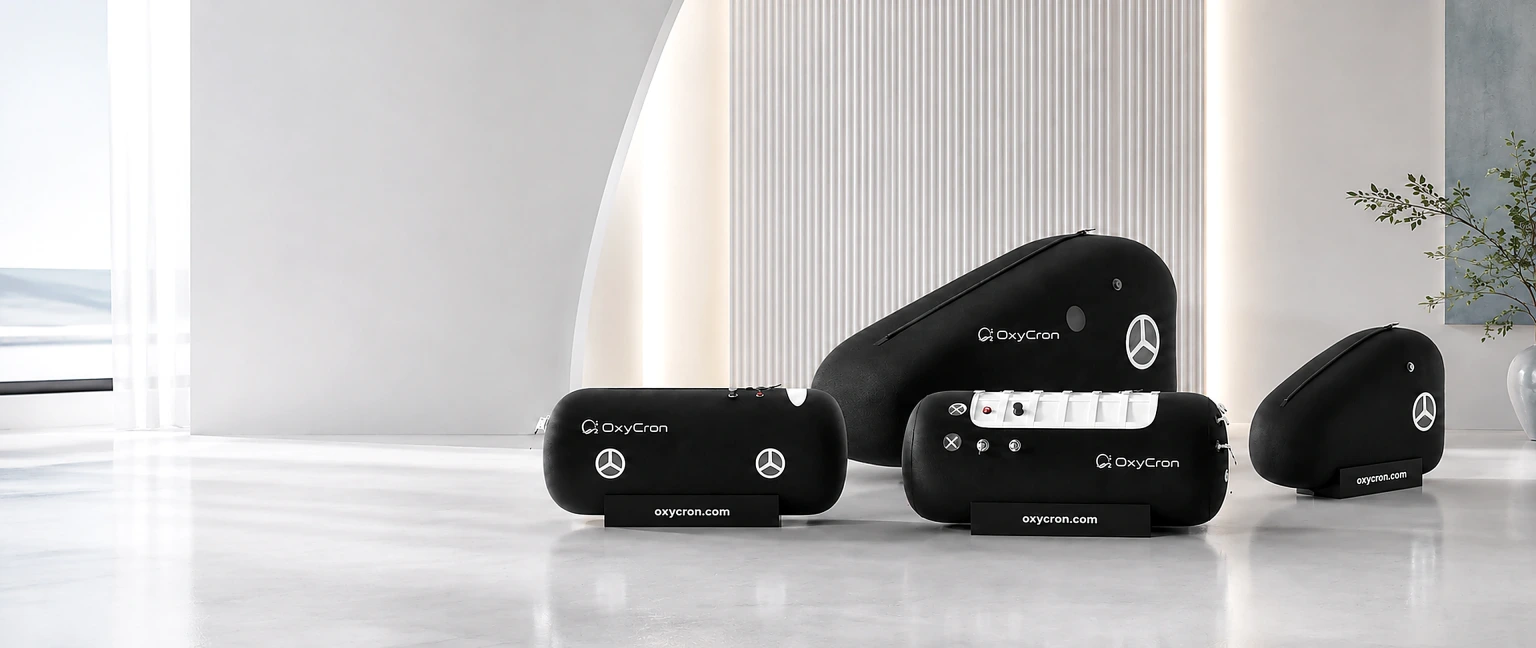 OxyCron black soft hyperbaric oxygen chambers displayed in a modern wellness showroom