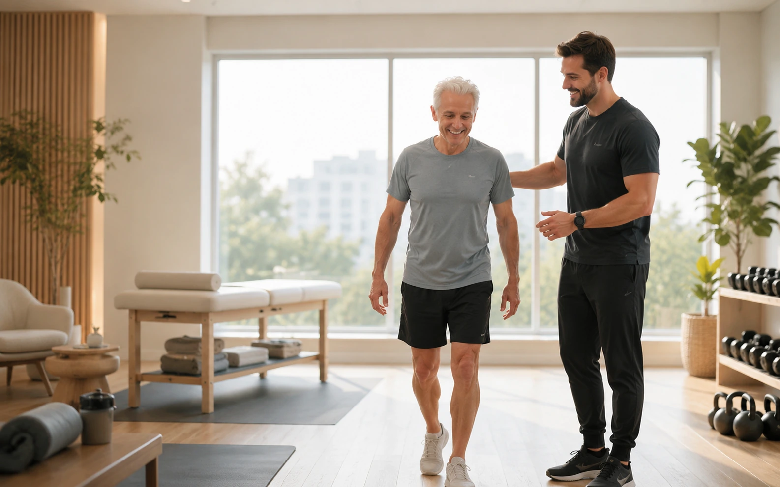 Professional wellness center interior with consultant and customer in a modern service space