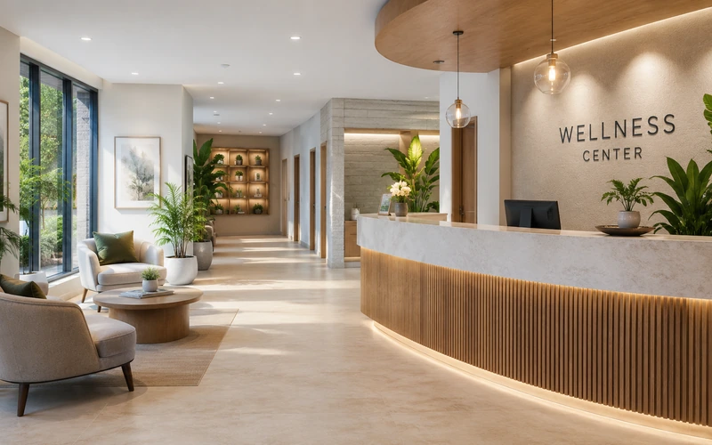 Modern wellness center reception area with front desk and waiting lounge