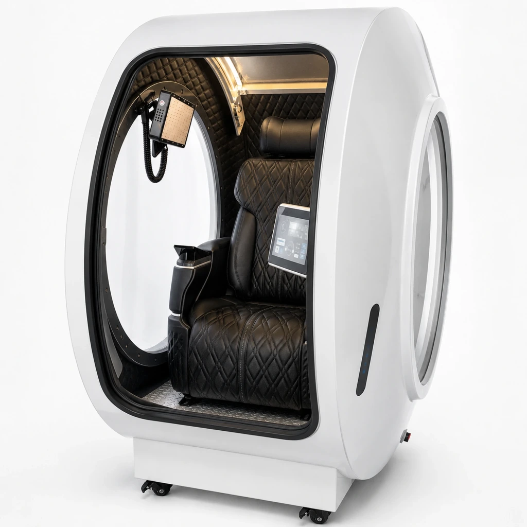 Капсульная гипербарическая кислородная камера Oxycron Time Capsule 2.0 ATA с жестким корпусом, комфортным интерьером, обзорным окном и внешним кислородным блоком