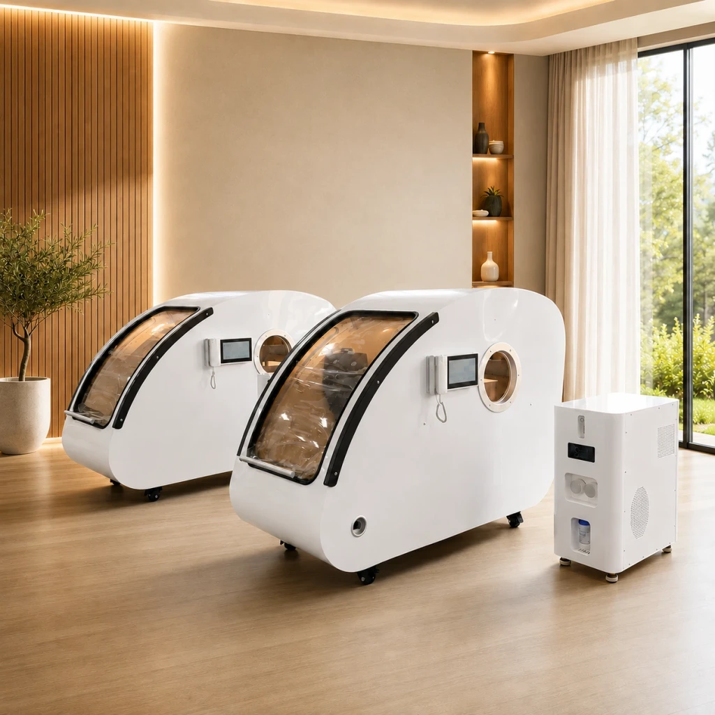 Deux chambres hyperbares à oxygène blanches Oxycron avec unité d’oxygène dans un espace de bien-être lumineux et moderne